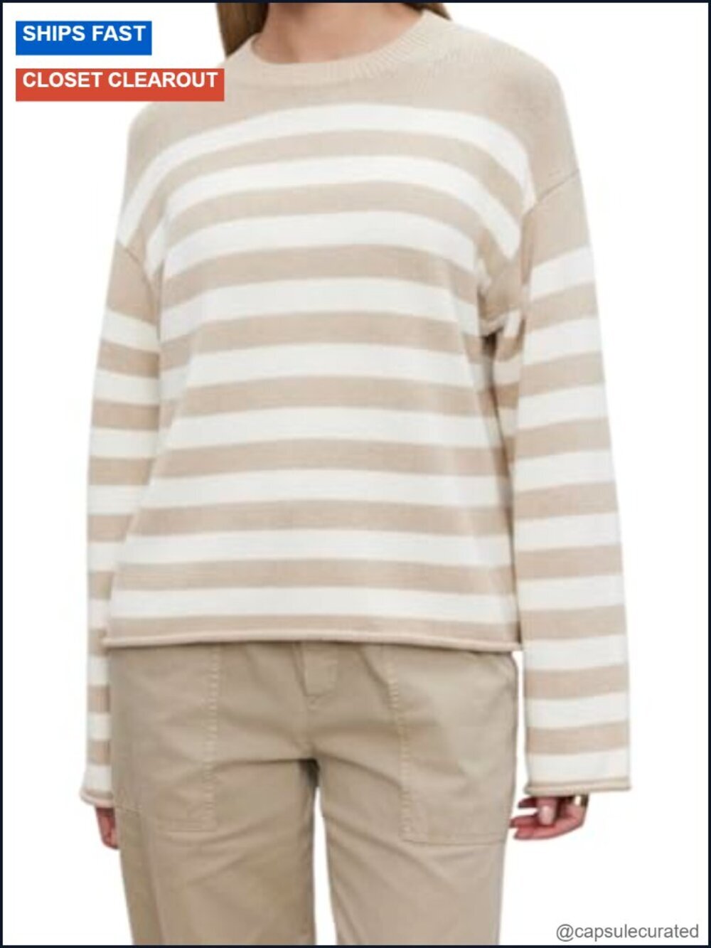 Cotton Cashmere Striped Crew Neck Pullover Sweater